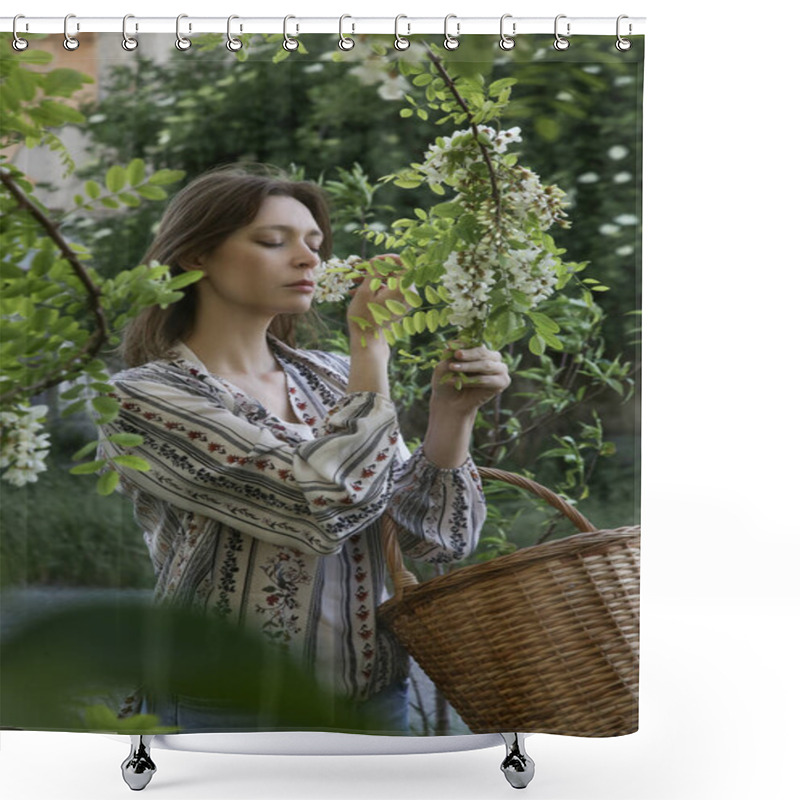 Personality  Woman Harvesting White Acacia Flowers In Rural Area. Shower Curtains