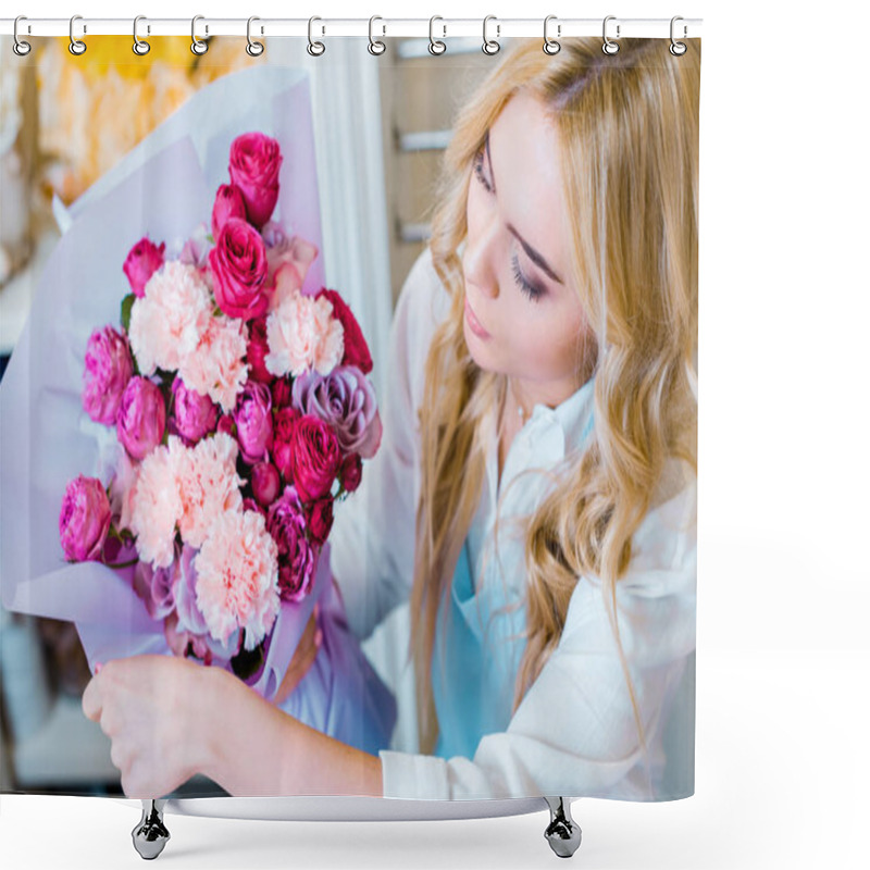 Personality  Beautiful Blonde Woman Holding Flower Bouquet With Roses And Carnations In Flower Shop Shower Curtains