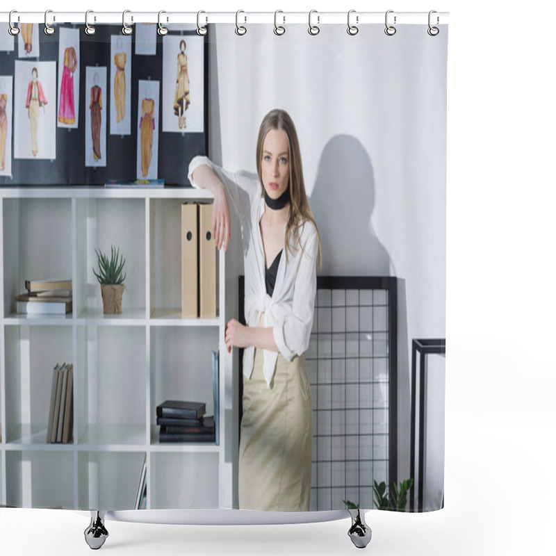 Personality  Stylish Fashion Designer Leaning On Bookshelves At Office Shower Curtains