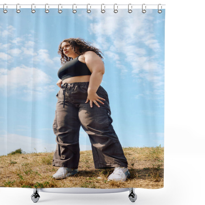 Personality  A Joyful Plus Size Woman Stands Tall In A Field, Embracing Nature Under A Bright Sky. Shower Curtains