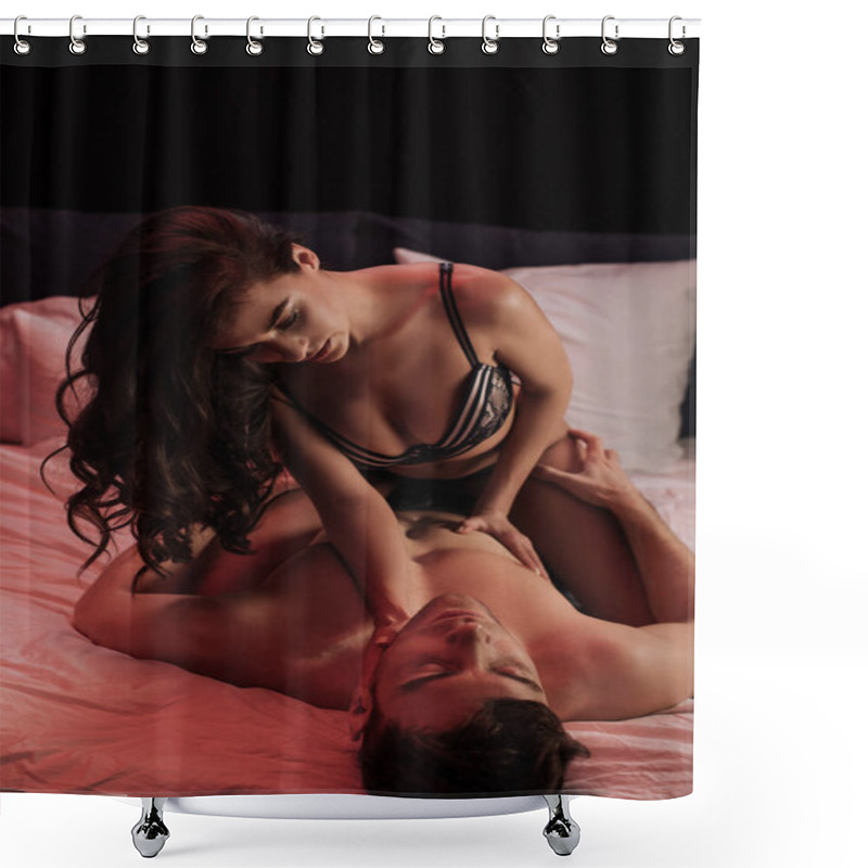 Personality  Beautiful Young Sexy Couple Embracing In Bed With Neon Red Light Isolated On Black  Shower Curtains