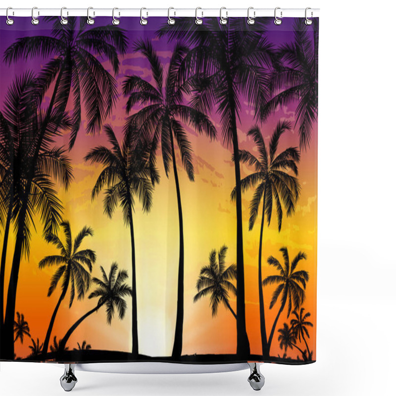 Personality  Card With Realistic Palm Trees Silhouette On Tropical Grunge Sunset Beach Background. Shower Curtains