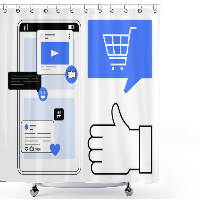 Personality  Smartphone Screen Displaying Social Media Activity With Likes, Comments, And Metadata Tags. Blue Shopping Cart, Like Button, Chat Bubble, Thumbs-up Icon, And Video Player. Ideal For Marketing, Social Shower Curtains