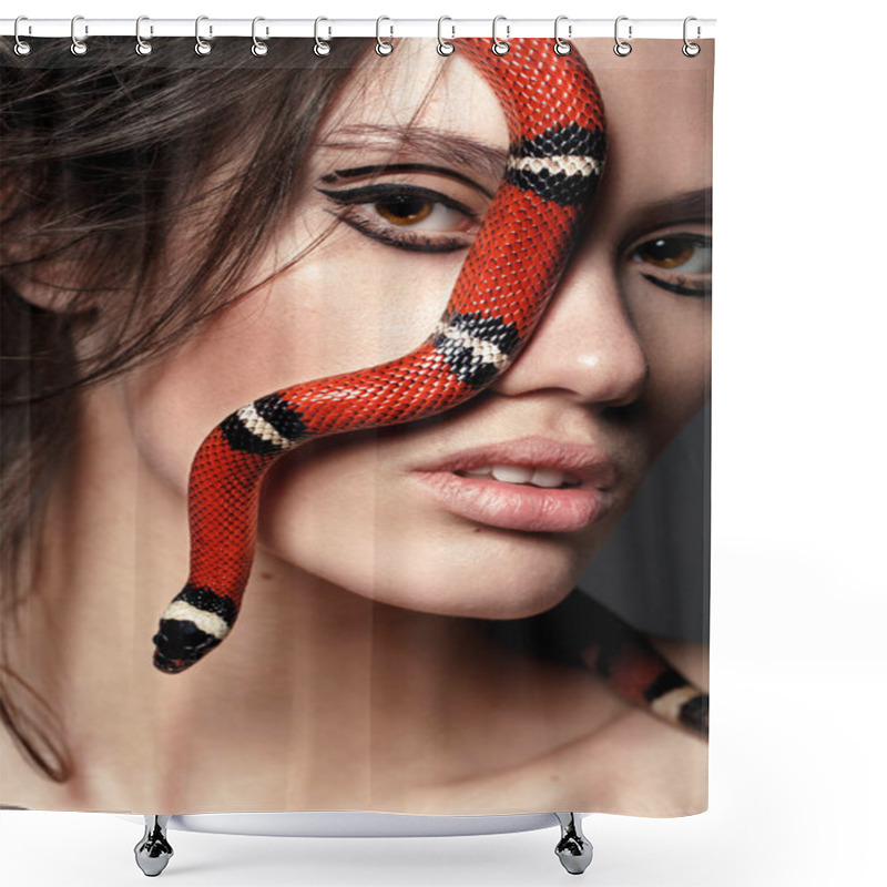 Personality  Girl With Perfect Skin, Brunette Hair With Red Snake By Her Face Shower Curtains