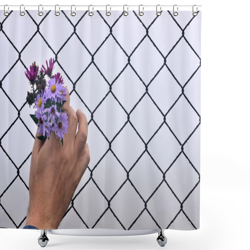 Personality  Wire Fence Holding Hands And Background Shower Curtains