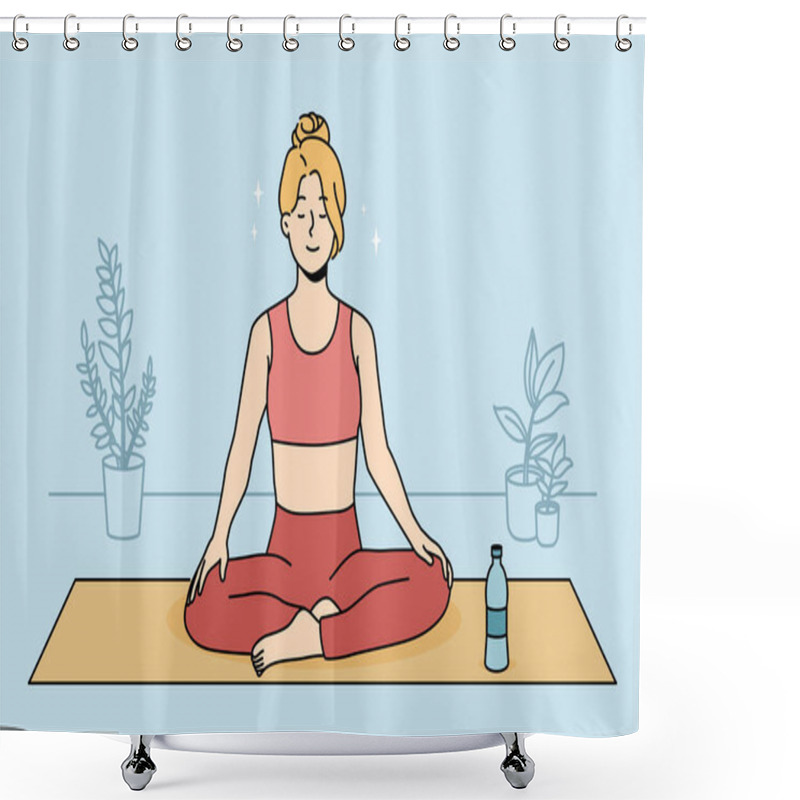 Personality  Calm Young Woman In Sportswear Sitting On Mat Practicing Yoga At Home. Smiling Relaxed Girl Meditating Indoors. Meditation And Stress Relief. Vector Illustration.  Shower Curtains