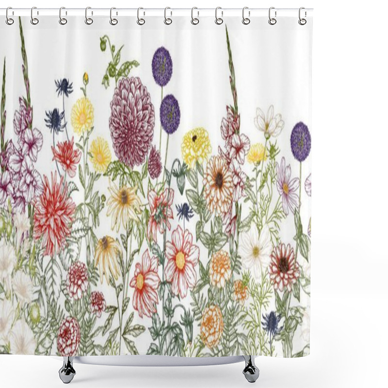 Personality   Seamless Horizontal Pattern Autumn Garden. Dahlia, Cosmos, Zinnia, Marigold, Calendula, Rudbeckia, Gladiolus, Datura, Eryngium, Allium In Engraving Style Shower Curtains