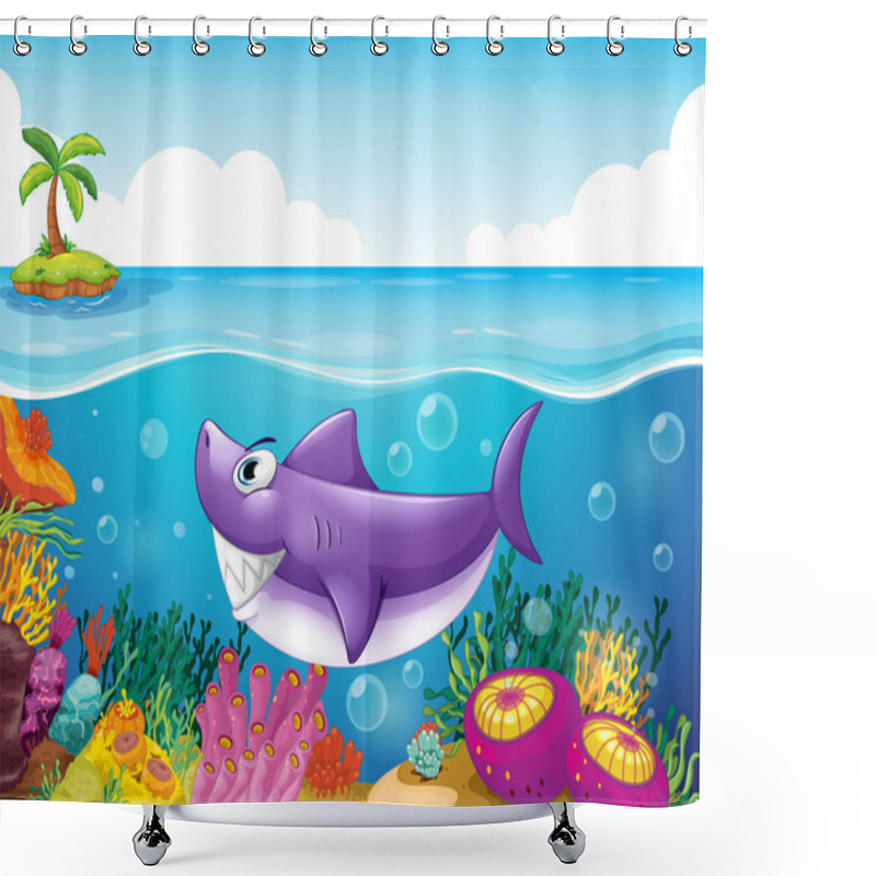 Personality  A Smiling Shark Under The Sea With Corals Shower Curtains