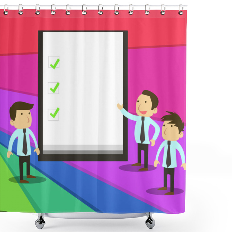 Personality  Group Of Young Businessmen Or White Collars Standing Beside Whiteboard Or Presentation Chart With Three Green Check Marks Over White Background Discussing Missions Accomplished. Shower Curtains