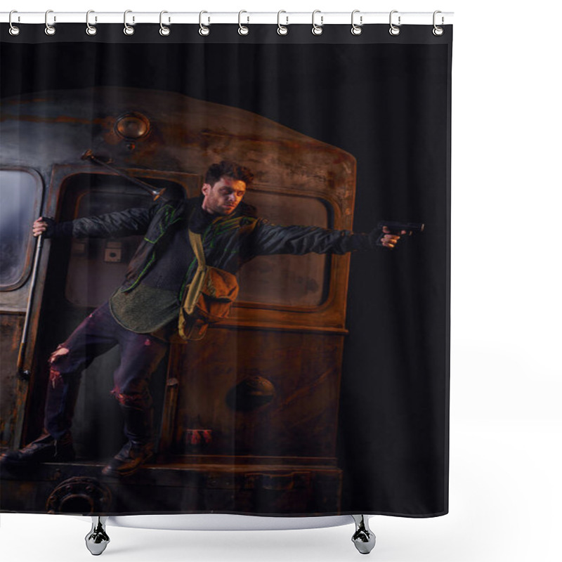 Personality  Man In Worn Clothes Aiming With Gun On Rusty Carriage In Desolated Subway, Danger And Survival Shower Curtains