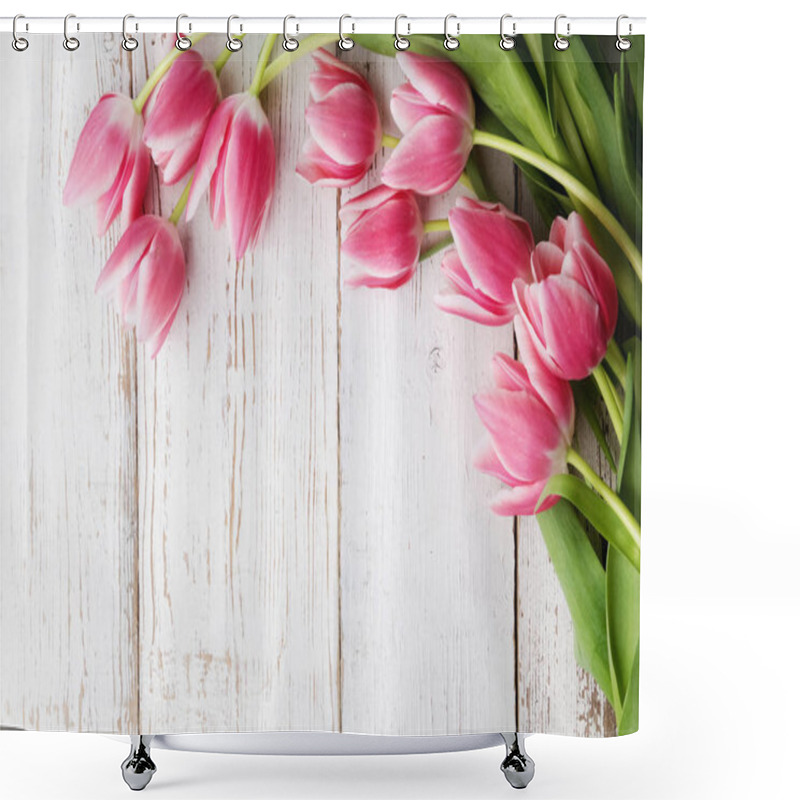 Personality  Beautiful Tulips On Wooden Background. Top View Shower Curtains