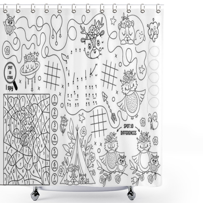 Personality  Vector Mothers Day Placemat For Kids. Family Love And Peace Printable Activity Mat With Maze, Tic Tac Toe Charts, Connect The Dots, Find Difference. Boho Black And White Play Mat Or Coloring Pag Shower Curtains