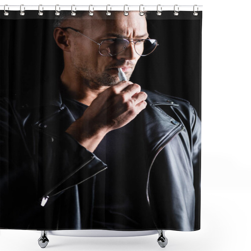 Personality  KYIV, UKRAINE - OCTOBER 11, 2019: Stylish Pensive Man Smoking Iqos Isolated On Black Shower Curtains