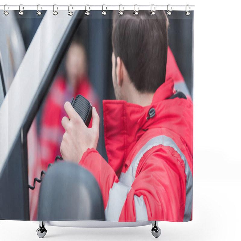 Personality  Male Paramedic Talking By Portable Radio And Showing Something To Colleague Shower Curtains