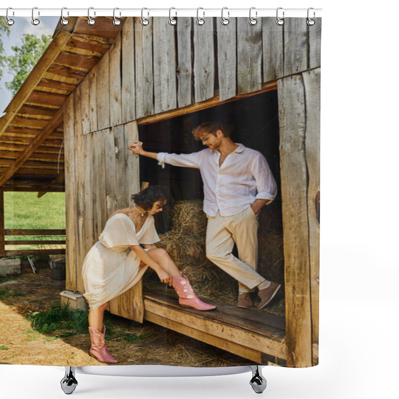 Personality  Stylish Asian Bride Wearing Pink Cowboy Boots Near Redhead Groom While Standing Near Wooden Barn Shower Curtains