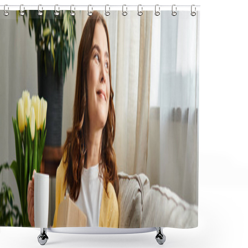 Personality  Middle-aged Woman Relaxes On Couch, Holding A Cup And Book. Shower Curtains