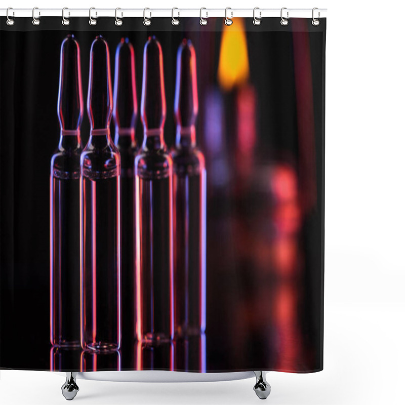 Personality  Transparent Glass Ampoules With Substance On Table On Black Shower Curtains