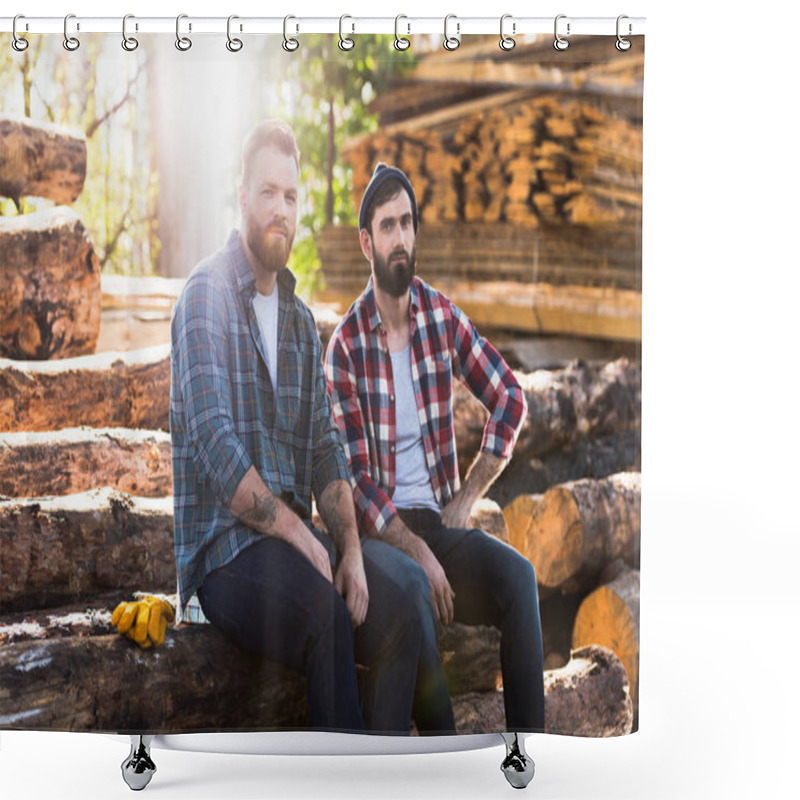 Personality  Two Bearded Lumberjacks Resting And Sitting On Logs At Sawmill  Shower Curtains