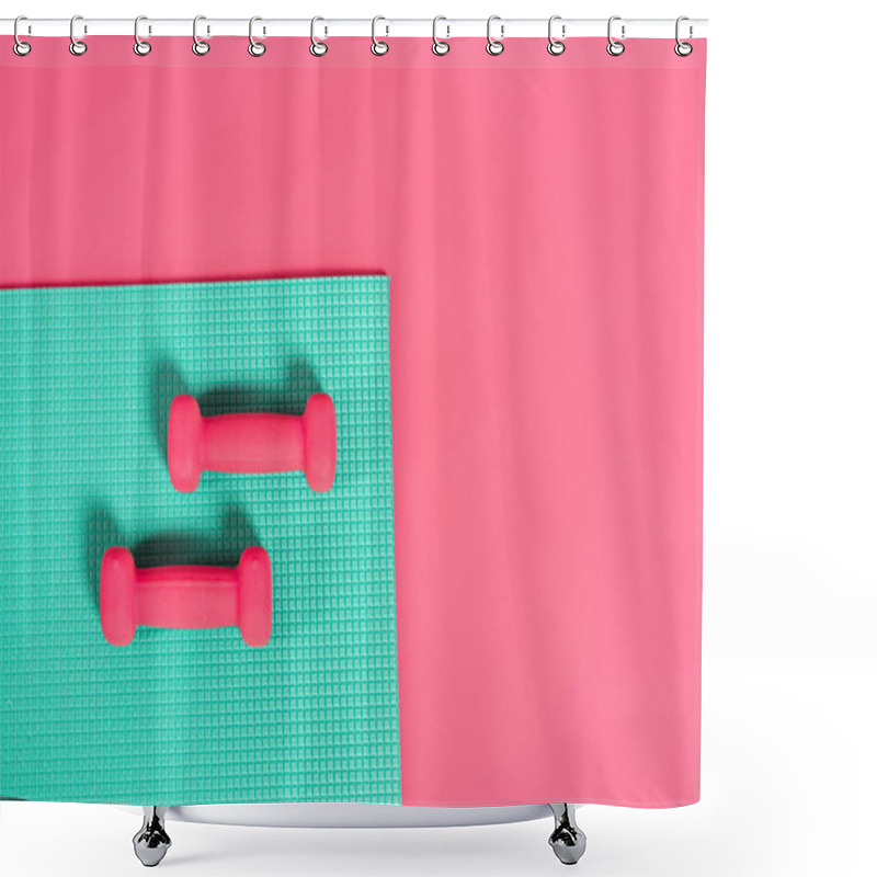 Personality  Top View Of Dumbbells On Fitness Mat Isolated On Pink  Shower Curtains