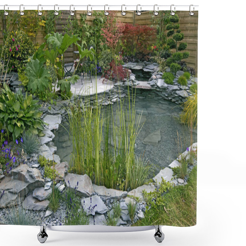 Personality    Interesting Water Feature With Pond, Rough Loose Rockery  Shower Curtains