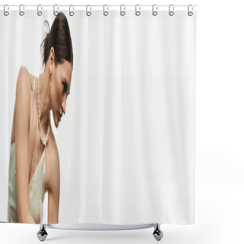 Personality  A Young Brunette Woman With Her Hair Pulled Back, Showcasing Her Elegant Jewelry Against A White Background. Shower Curtains