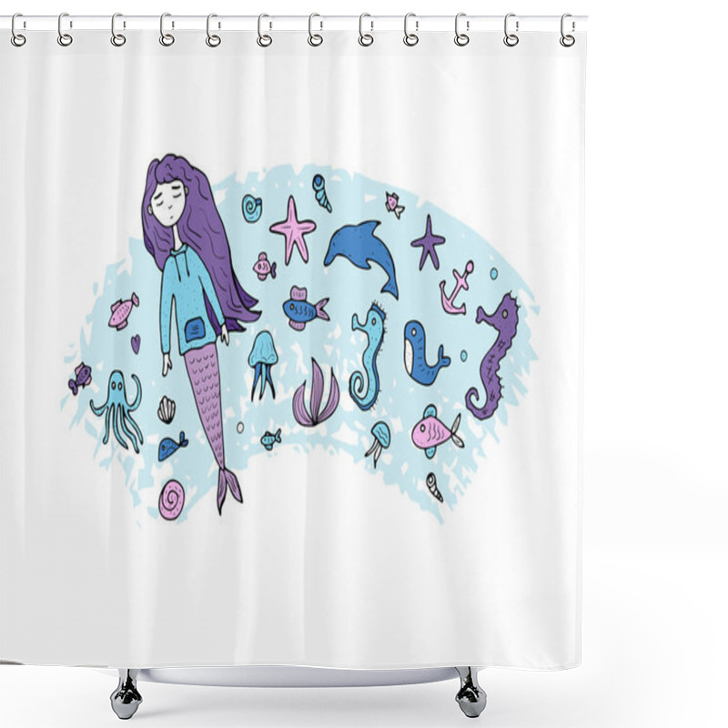 Personality  Mermaid And Sea Set. Vector Illustration. Shower Curtains