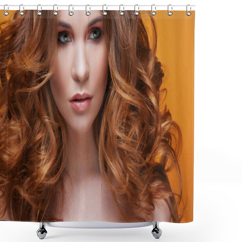 Personality  Beautiful Redheaded Girl With Luxurious Curly Hair. Studio Portrait On Yellow Background. Excellent Hair Shower Curtains