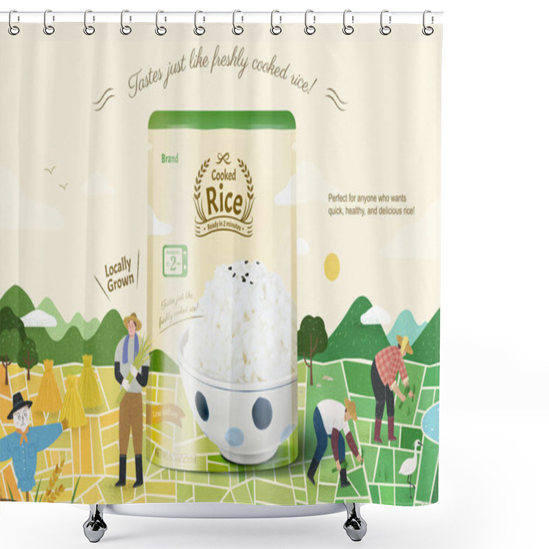 Personality  Cooked White Rice Ad Template With Hand Drawn Illustration Of Cute Paddy Field And Asian Farmers. 3d Microwavable Plastic Bag Package. Concept Of Local Growing Crop And Healthy Diet. Shower Curtains