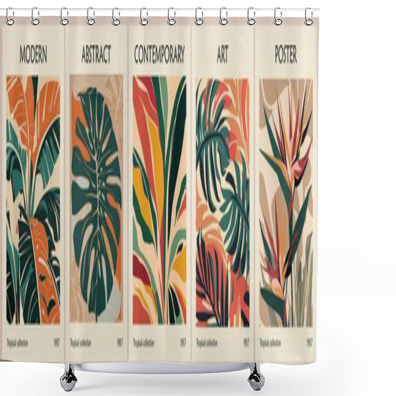 Personality  Set Of Retro-inspired Abstract Botanical Posters With Strelitzia, Palm, Monstera, Tropical Leaves In Vibrant Mid-century Modern Color Palette. Contemporary Wall Art, Cover Wallpaper Vector Template. Shower Curtains