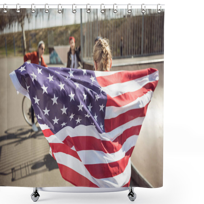 Personality  Girl With American Flag  Shower Curtains