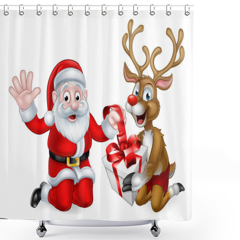 Personality  Santa And Reindeer With Christmas Gift Shower Curtains