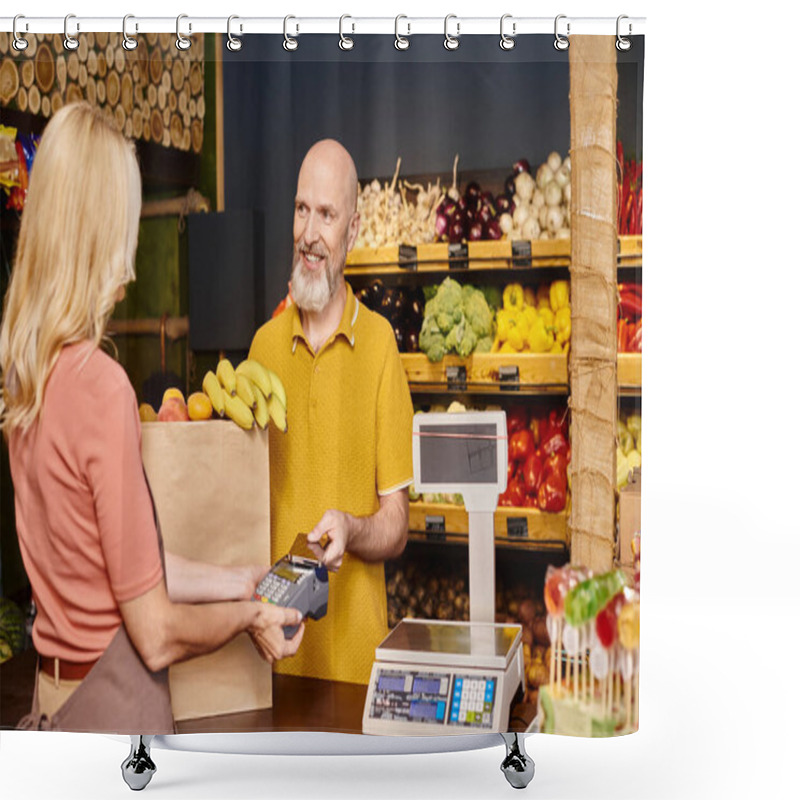 Personality  Focus On Cheerful Customer Paying With His Phone For Fresh Fruits And Smiling At Blurred Seller Shower Curtains