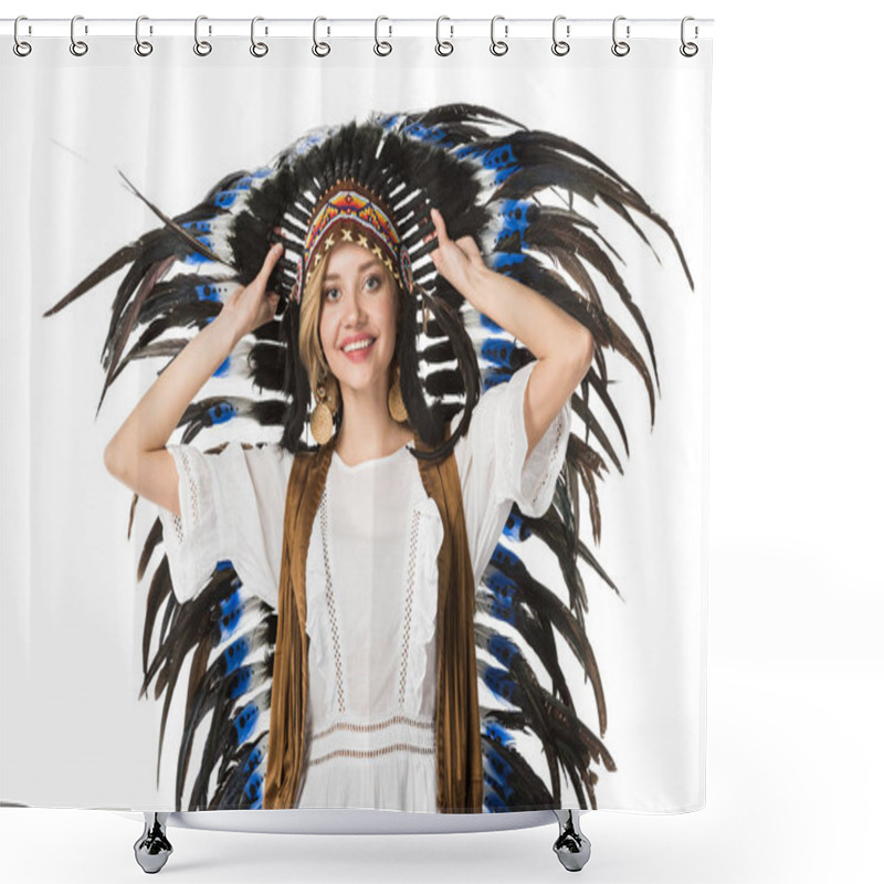 Personality  Smiling Boho Girl In Indian Headdress Looking At Camera Isolated On White Shower Curtains