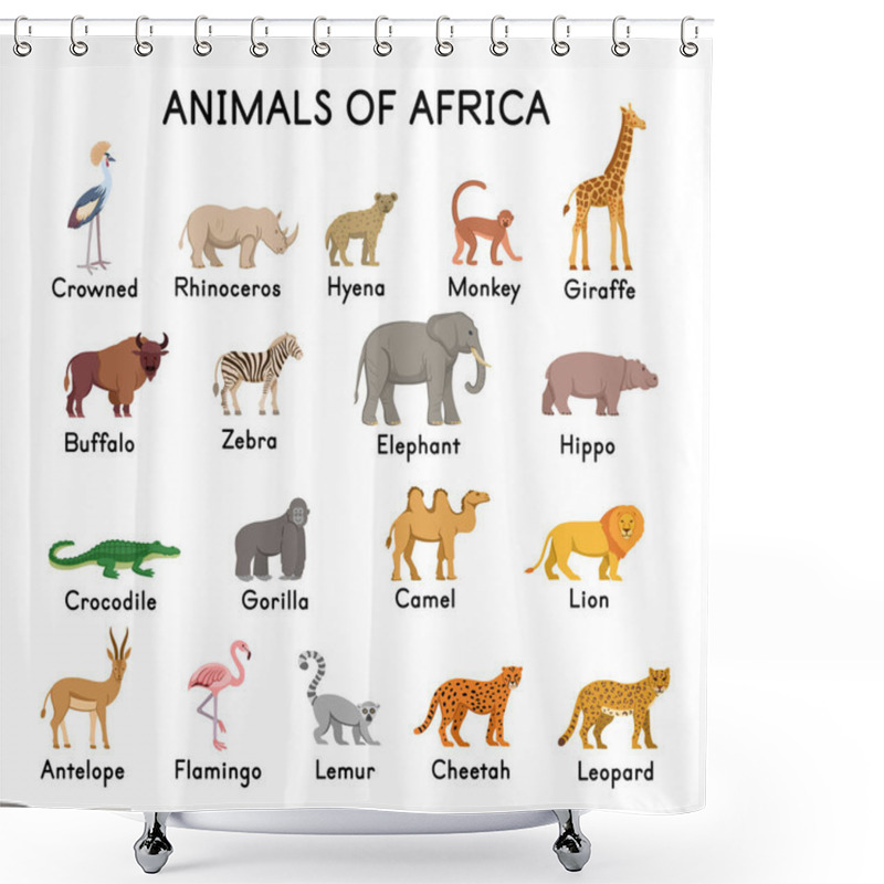 Personality   Animals Of Africa: Hyena, Giraffe, Zebra, Elephant, Crocodile, Gorilla, Lion, Antelope, Flamingo, Lemur, Cheetah, Leopard, Camel, Buffalo, Hippo, Rhinoceros, Crowned Crane On A White Background. Shower Curtains