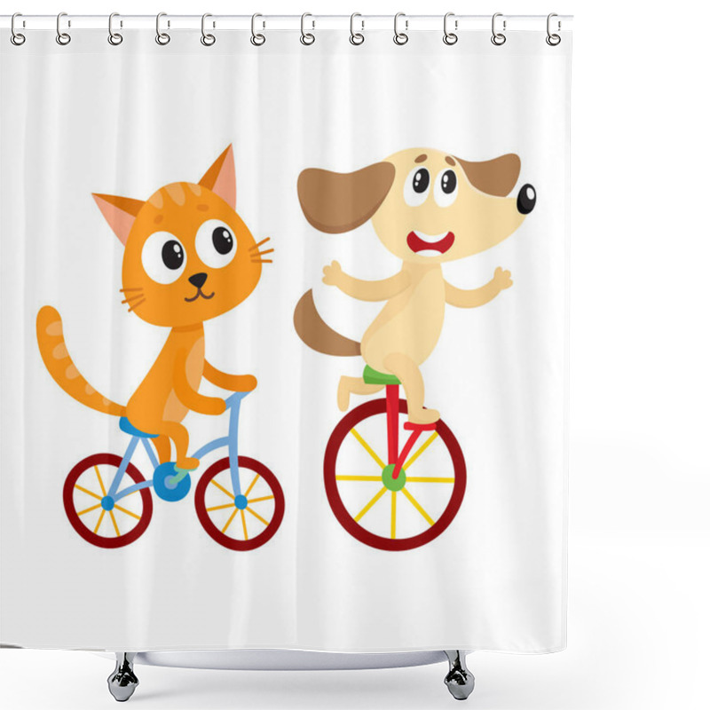 Personality  Cute Little Dog And Cat, Kitten Characters Riding Bicycles Together Shower Curtains