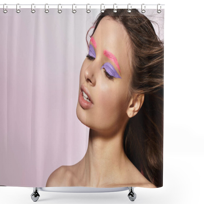 Personality  Young Woman Showcases Her Striking Beauty With Bold Makeup In A Studio Setting. Shower Curtains