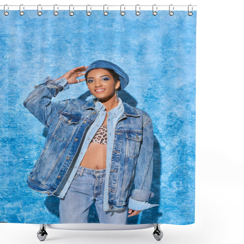 Personality  Cheerful And Young African American Woman With Bold Makeup Touching Beret While Posing In Denim Jacket And Jeans On Blue Textured Background, Stylish Denim Attire Shower Curtains