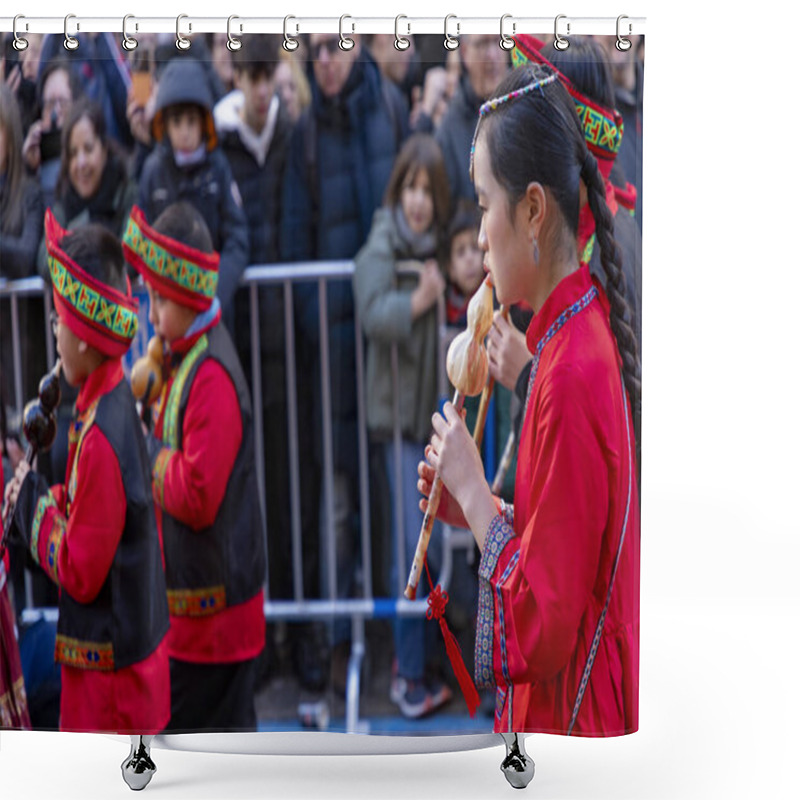 Personality  Happy Chinese New Year. 2025. Chinese Lion Dance Performance On The Streets. Chinese Lion Costumes During Chinese New Year Celebration In China. Celebrations Concept. Shower Curtains