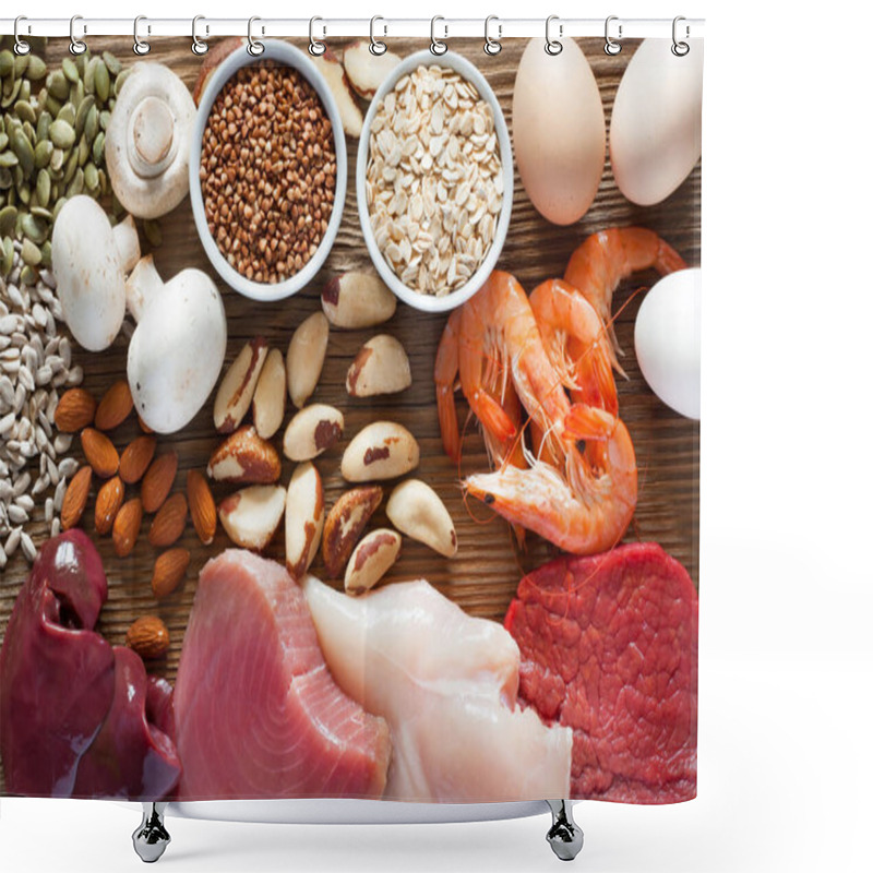 Personality  Foods High In Selenium As Brasil Nuts, Tuna, Shrimps, Beef, Liver, Mushrooms, Pumpkin Seeds, Sunflower Seeds, Buckwheat, Oatmeal, Almonds And Eggs. Top View Shower Curtains