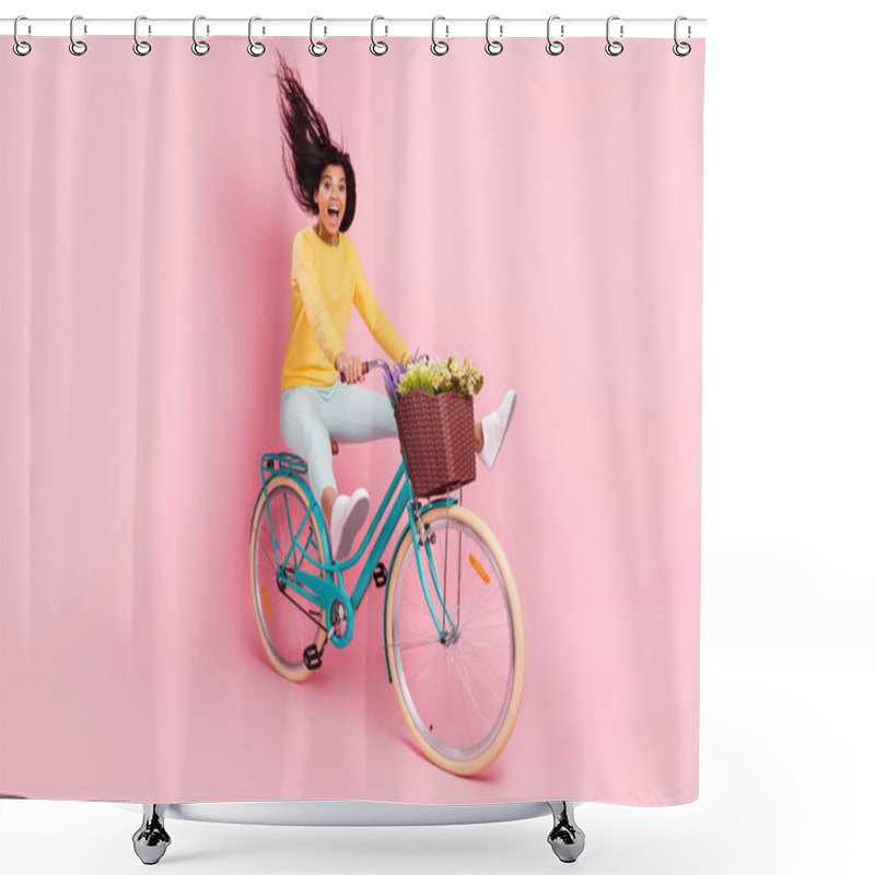 Personality  Portrait Of Nice Crazy Amazed Funny Cheerful Girl Riding Bike Fooling Having Fun Isolated Over Pastel Pink Color Background Shower Curtains