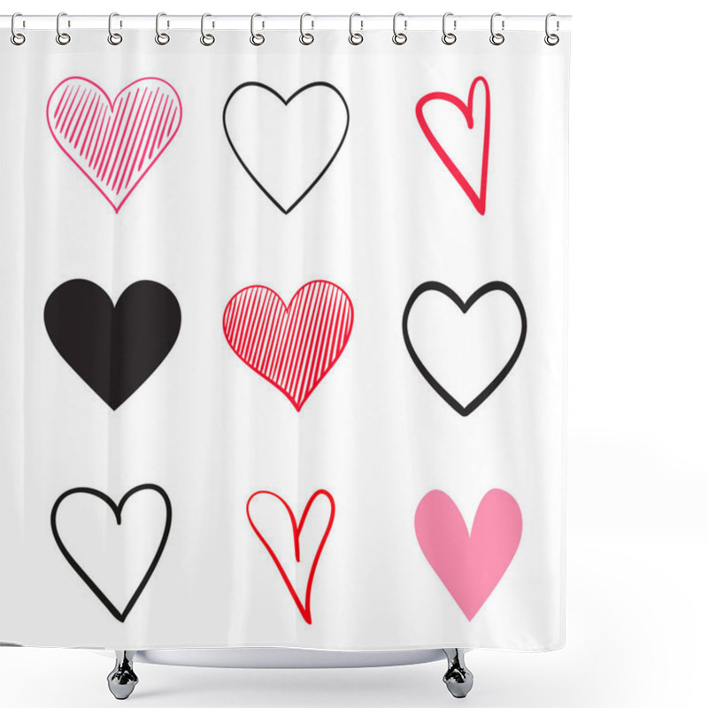 Personality  Multicolored Trendy Hearts On Isolated White Background. Hand Drawn Set Of Love Signs. Unique Abstract Signs For Design. Line Art Creation. Elements For Poster Or Flyer Shower Curtains