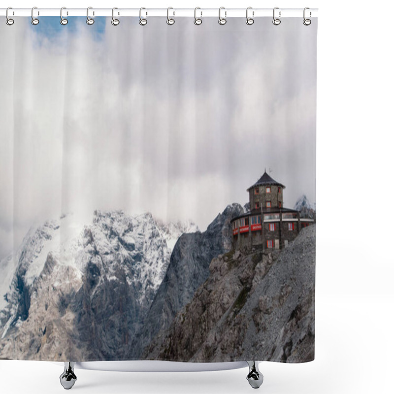 Personality  Stelvio Pass Mountain Hut With Glacier Views Shower Curtains