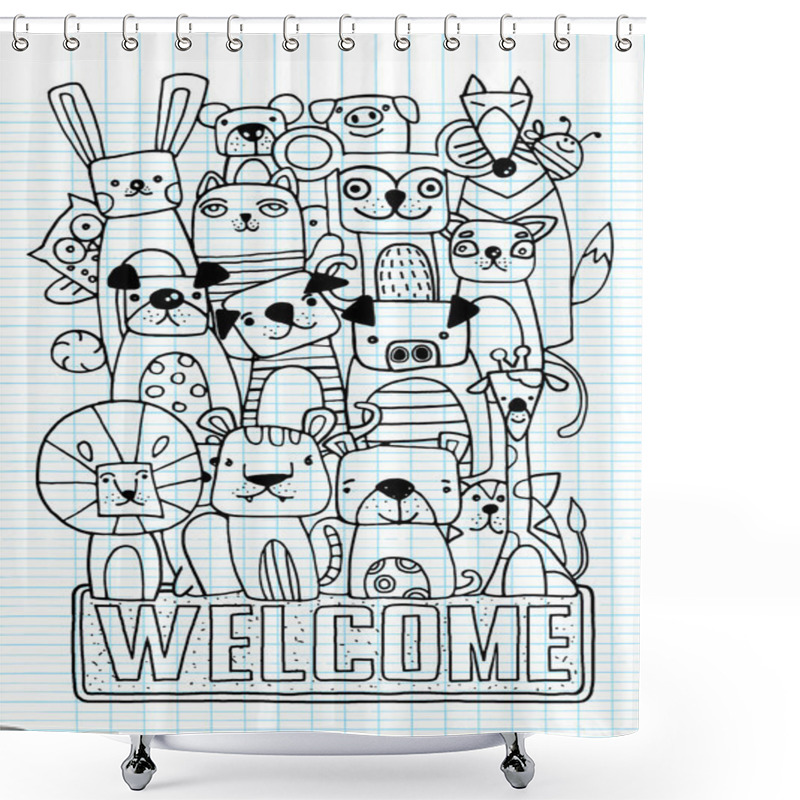 Personality  Funny Animal Vector Illustration Cartoon Set,cute Hand-drawn  Shower Curtains