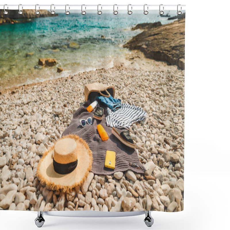 Personality  Overhead View Of Beach Stuff Blanket With Sun Protection Cream Straw Hat With Bag Shower Curtains