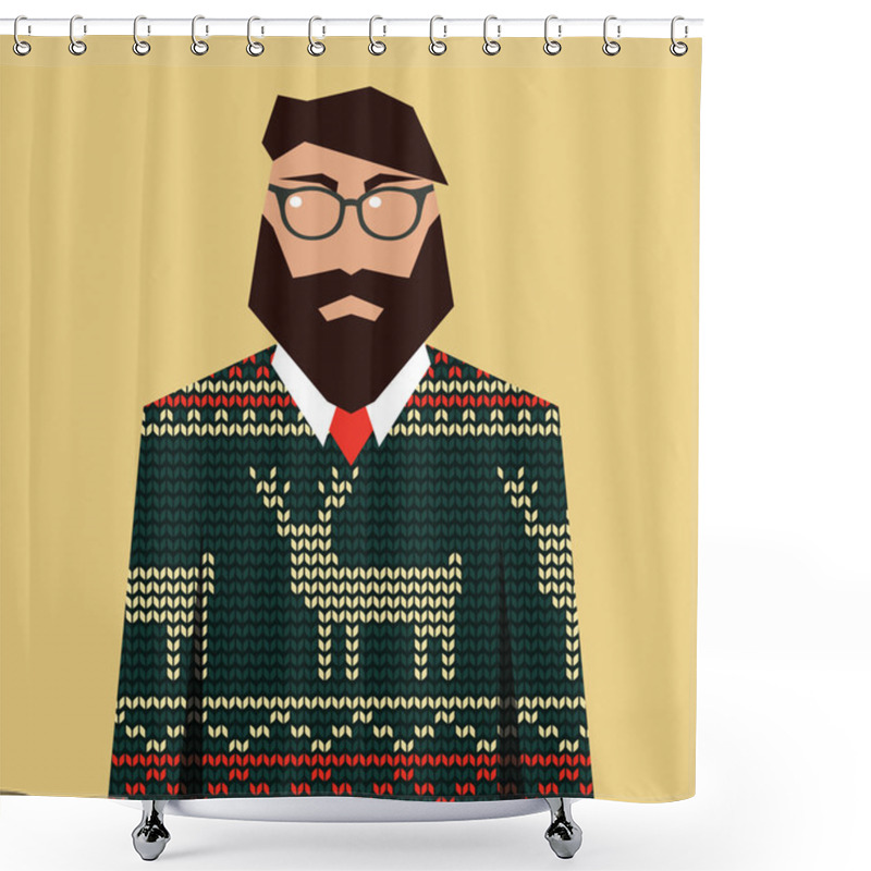 Personality  Hipster Man In Knitted Jacquard Sweater, Vector Shower Curtains