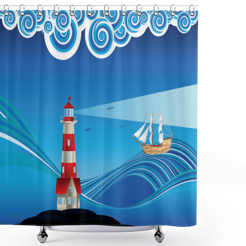 Personality  Lighthouse And Boat In The Sea Shower Curtains