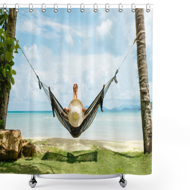 Personality  Summer Vacations Concept. Happy Woman In Black Bikini Relaxing In Hammock On Tropical Beach Shower Curtains