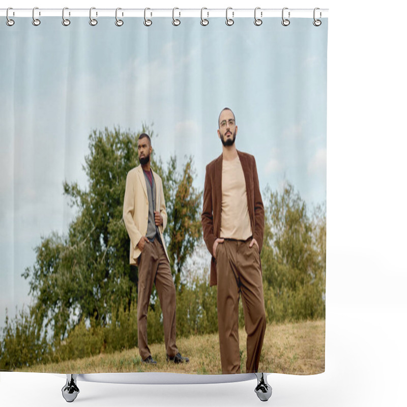 Personality  Handsome Men Showcase Trendy Autumn Attire While Posing Amidst Nature's Vibrant Hues. Shower Curtains