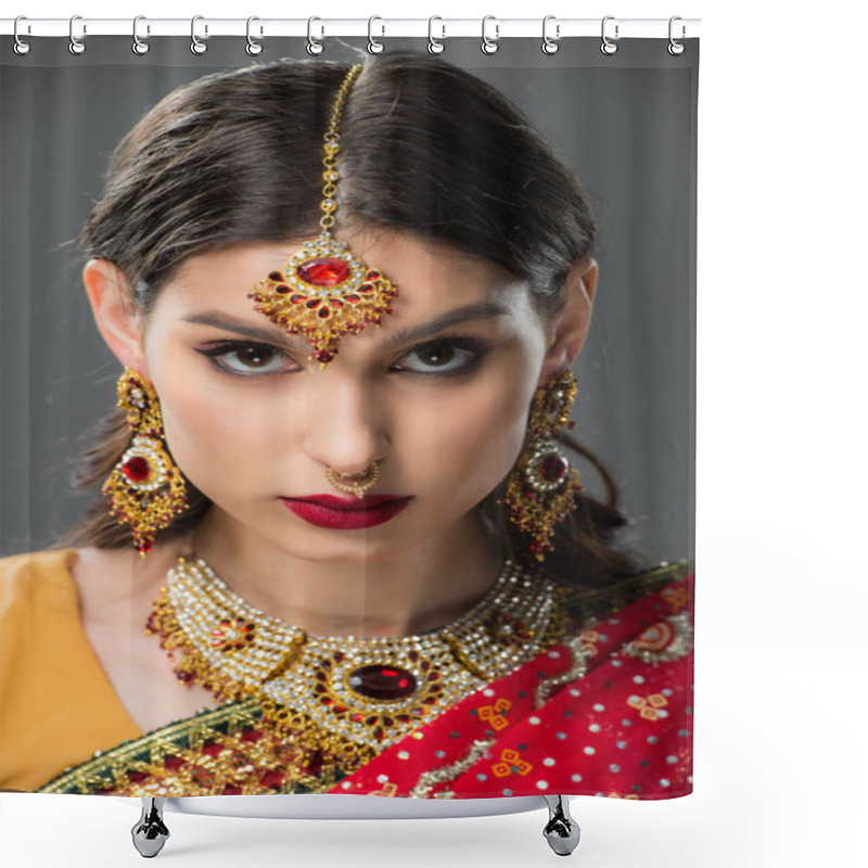 Personality  Attractive Indian Girl Posing In Traditional Sari And Accessories, Isolated On Grey  Shower Curtains