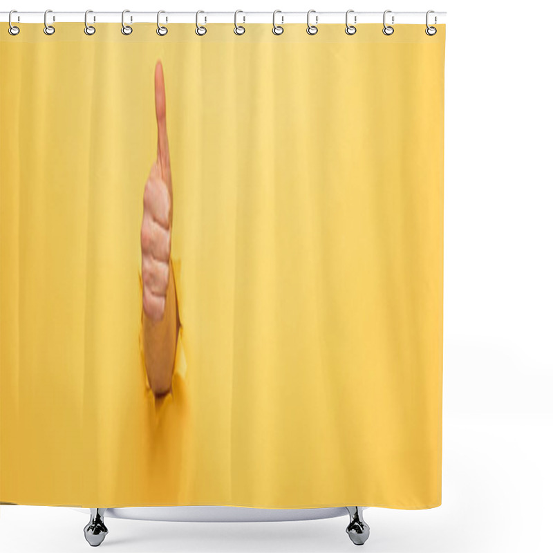 Personality  Cropped View Of Man Showing Thumb Up Through Yellow Paper Hole, Panoramic Shot Shower Curtains